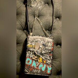DKNY Elissa Graffiti Leather Crossbody Bag Black Silver Chain NYC Theme Lock